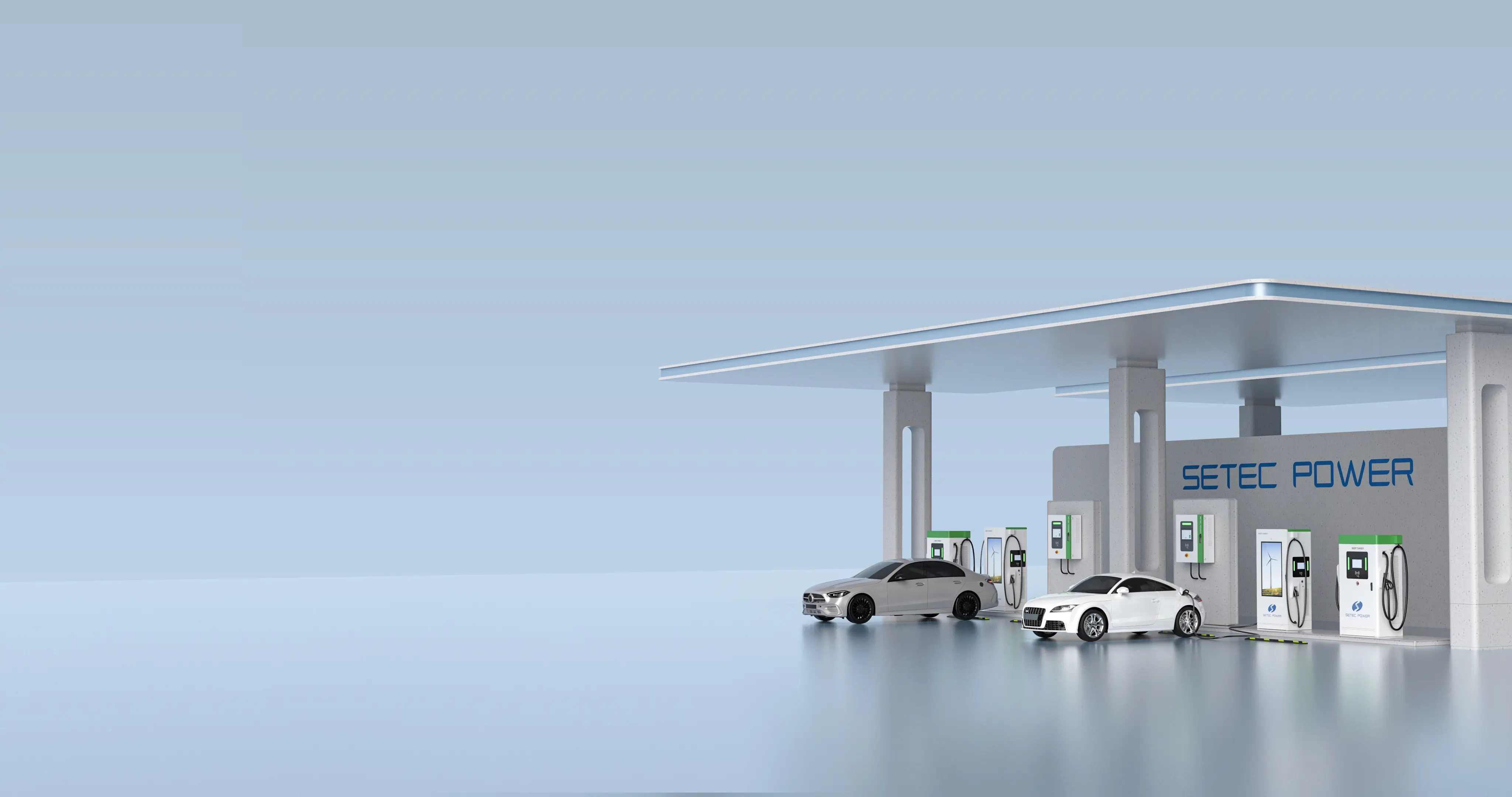 Electric cars are charging in a parking space under a canopy with multiple chargers