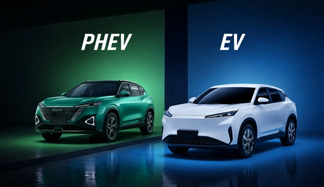 A side-by-side view of a standard hybrid car refueling at a gas station and a plug-in hybrid vehicle (PHEV) charging at a residential Level 2 charging box.