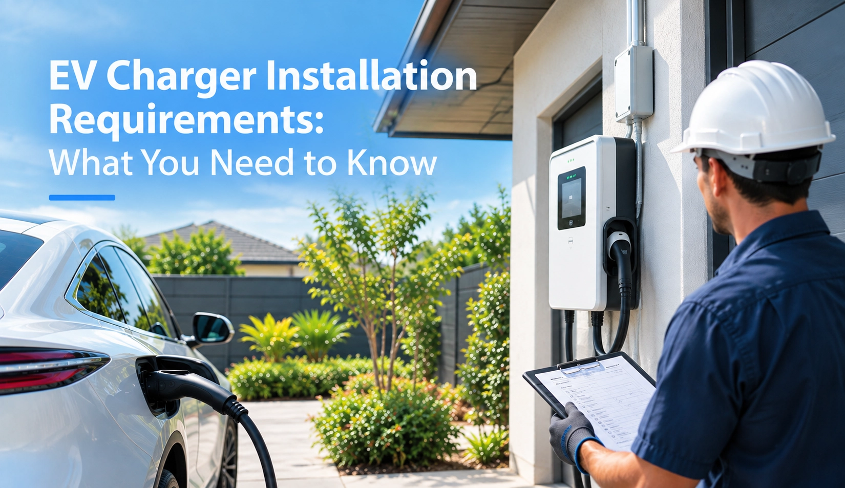 A certified electrician installing a wall-mounted Level 2 EV charging station beside an open electrical service panel in a clean residential garage.