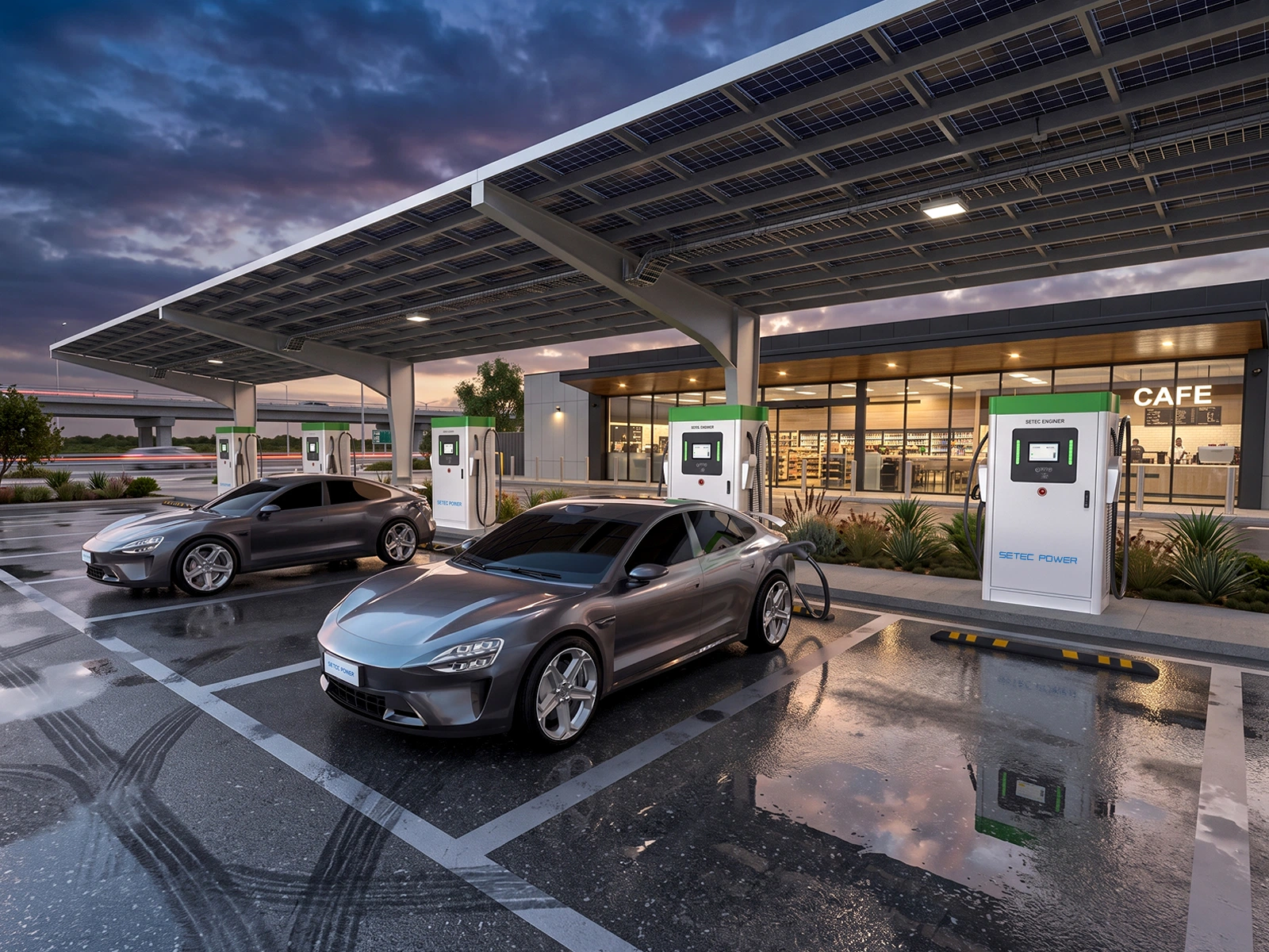 Turnkey commercial EV fast charging infrastructure by SETEC POWER with high-power DC chargers deployed under a solar parking canopy