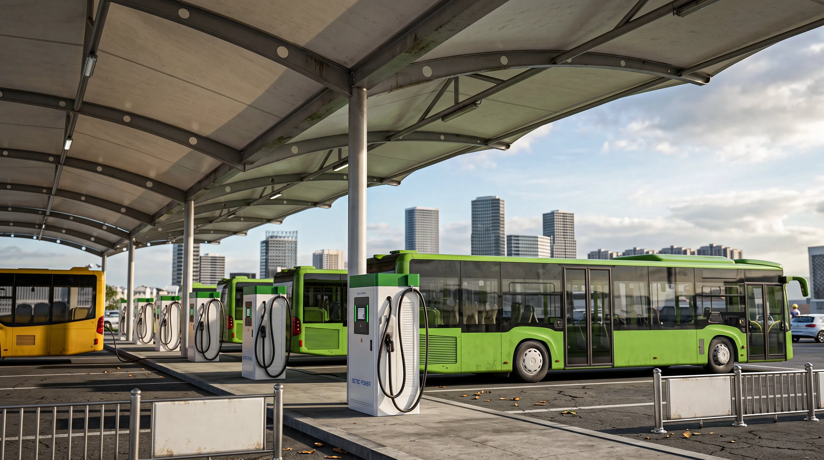 Heavy-duty DC fast chargers deployed for public transit bus fleet charging with turnkey high-power charging infrastructure by SETEC POWER.