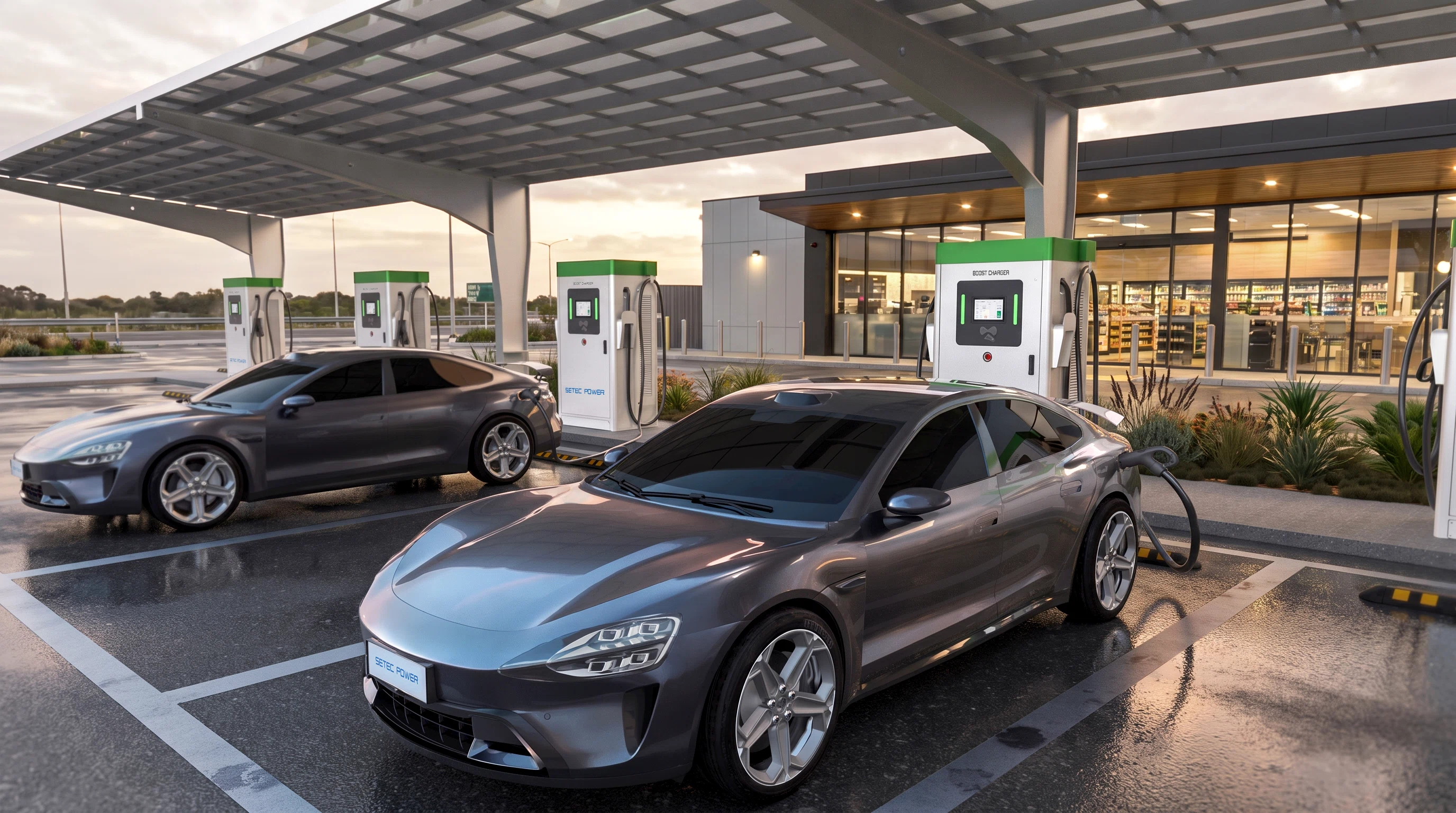 SETEC POWER commercial DC fast charging station solution featuring solar canopy integration and rapid multi-vehicle charging at a retail plaza.