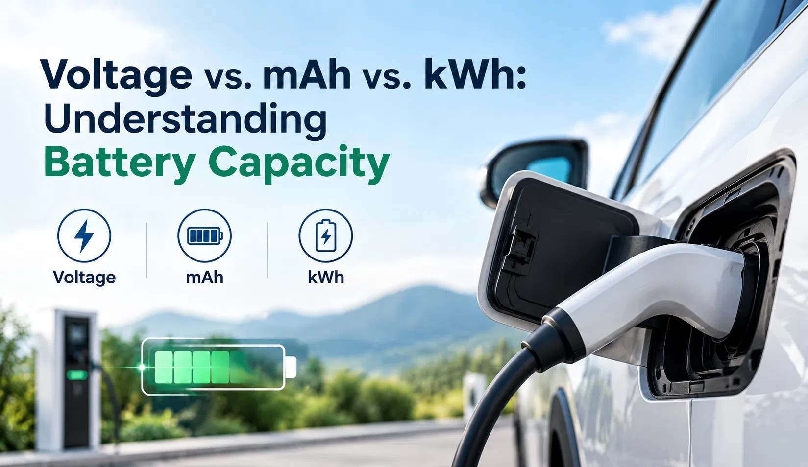 A visual comparison diagram illustrating the relationship between Voltage, mAh charge volume, and total kWh energy across smartphones, EVs, and commercial BESS units.