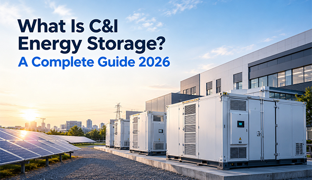 A modern outdoor commercial and industrial battery energy storage system (BESS) container installed beside a manufacturing plant with solar panels.