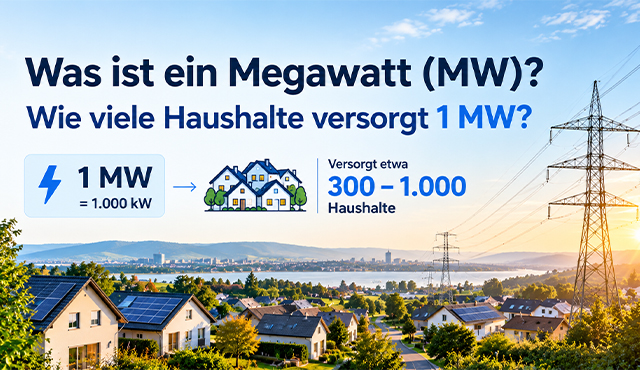 Infografik zur Umrechnung von 1 Megawatt Leistung in Kilowatt, versorgte Haushalte und industrielle Batteriespeicher-Container.